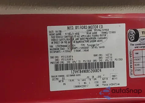 2008 Ford Mustang V6 Deluxe/V6 Premium z USA, uszkodzony, nr VIN 1ZVHT84N085200824